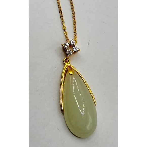 Elegant Jade Teardrop Gold Pendant Necklace With Cubic Zirconia Accent Sterling - Picture 3 of 7